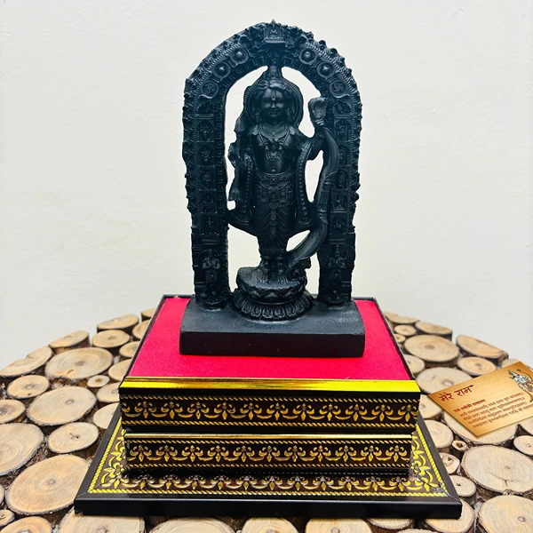 MereRam Ram Lalla Idol Statue Mounted on a Premium Wooden Platform (9.8-inch – Total Height), Cultured Marble, Gift Mini Board worth Rs. 100